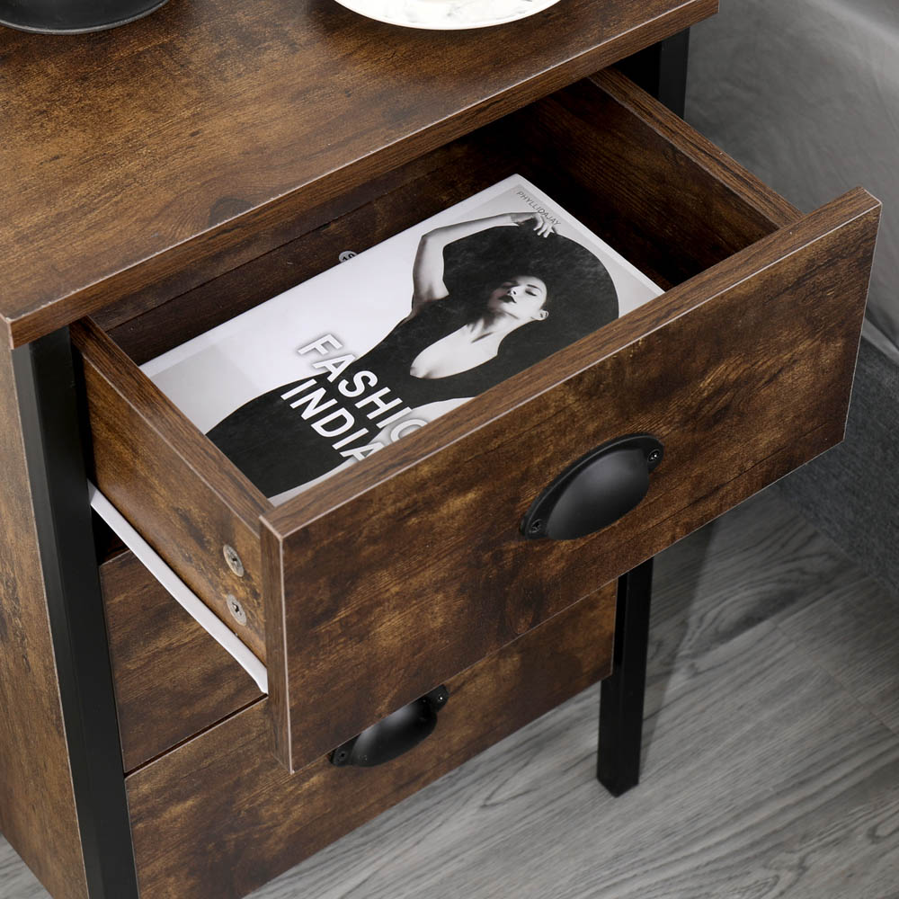 FurnitureHMD 3 Drawer Brown and Black Industrial Wooden Nightstand Set of 2 Image 3