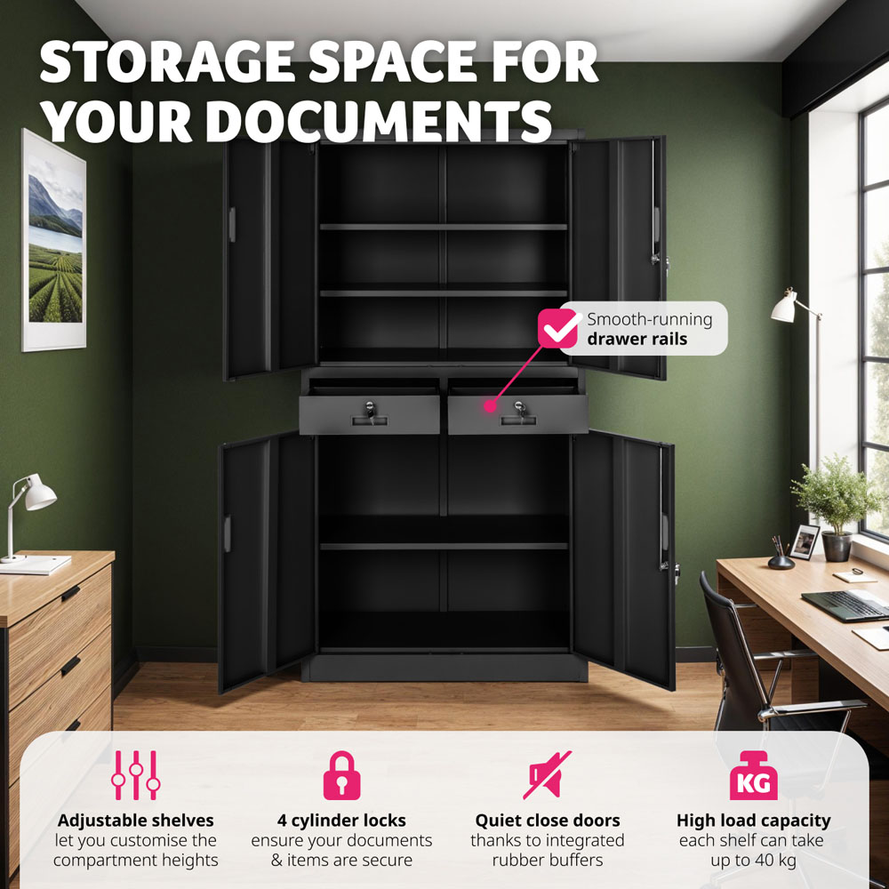 tectake Cosmo 4 Door 2 Drawer Black Lockable Filing Cabinet Image 6