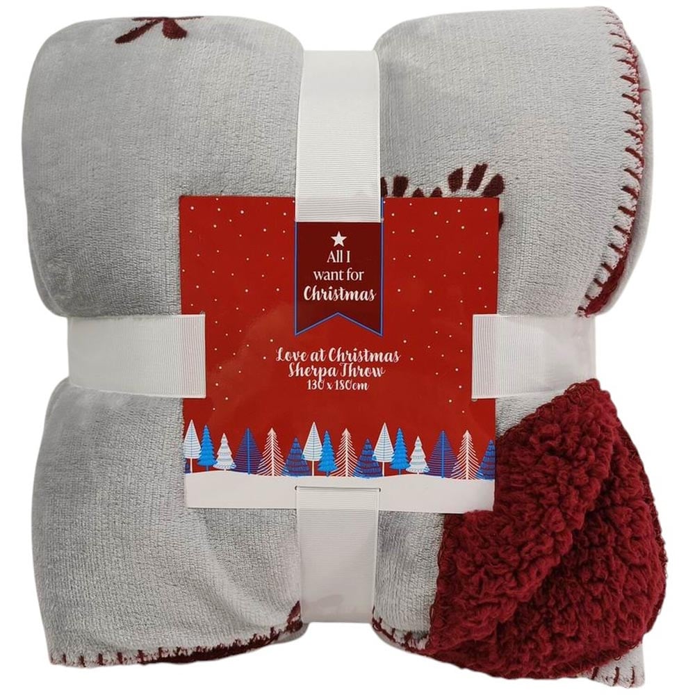 Love at Christmas Sherpa Throw - Grey and Red Image 2