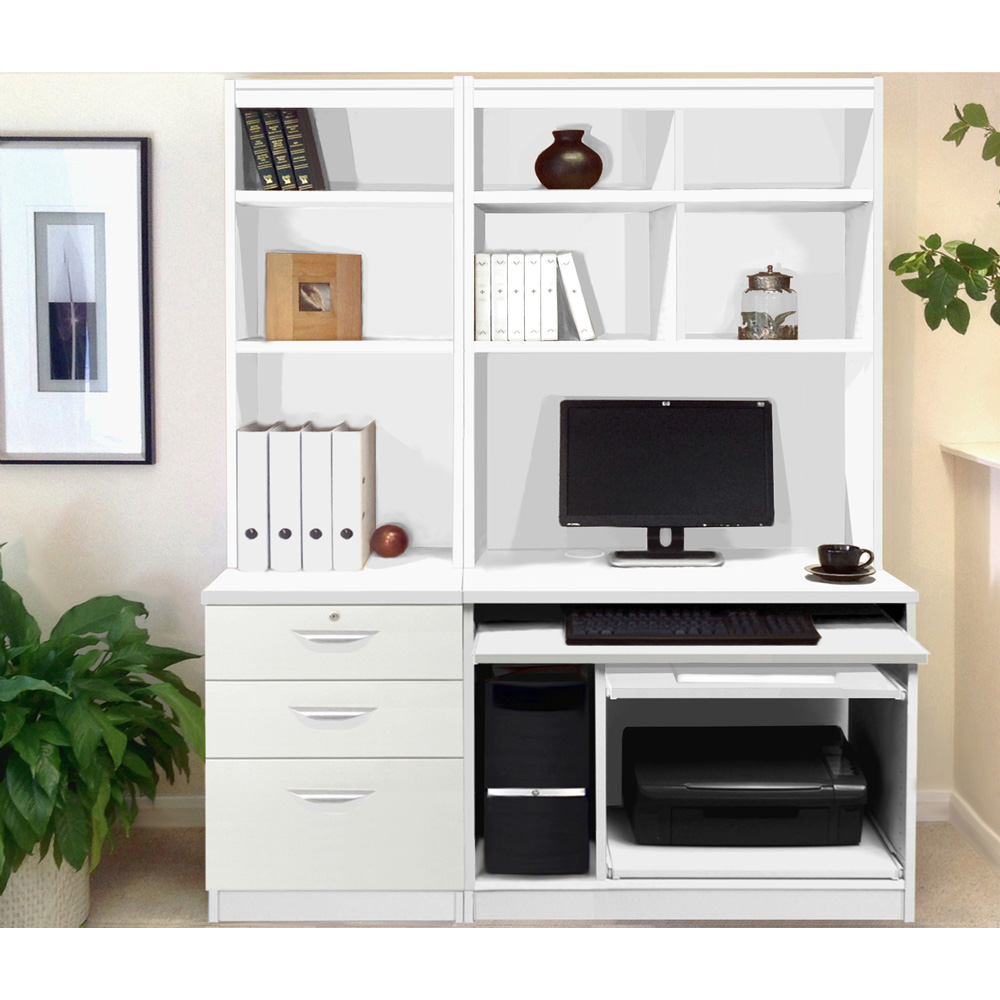 R White Cabinets 3 Drawer Set-17 Computer Desk with Bookcase and Printer Shelf White Image 4