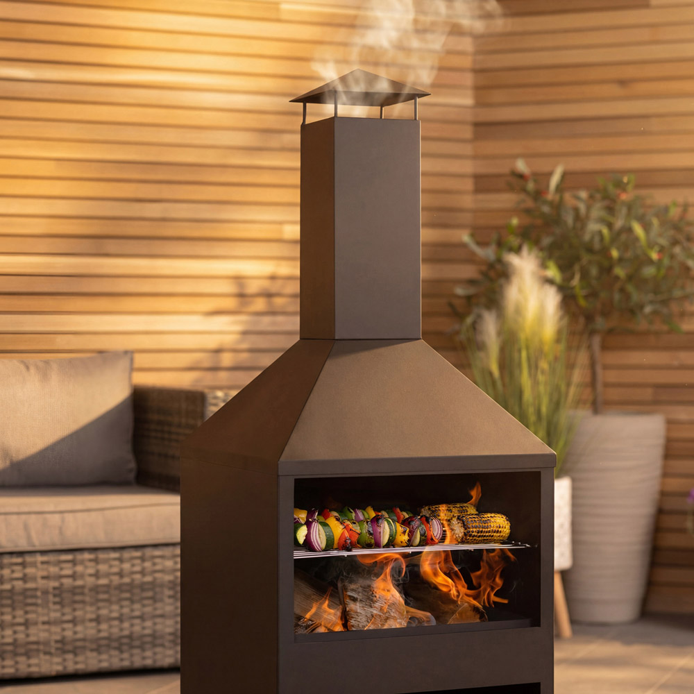 Charles Bentley Snug Rio Black Powder Coated Steel BBQ and Chimenea with Log Storage Image 8