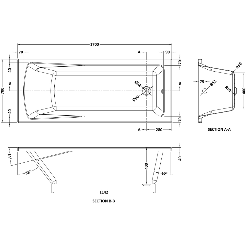 nuie 1700 x 700mm Standard Bath with Panel and Screen Image 2
