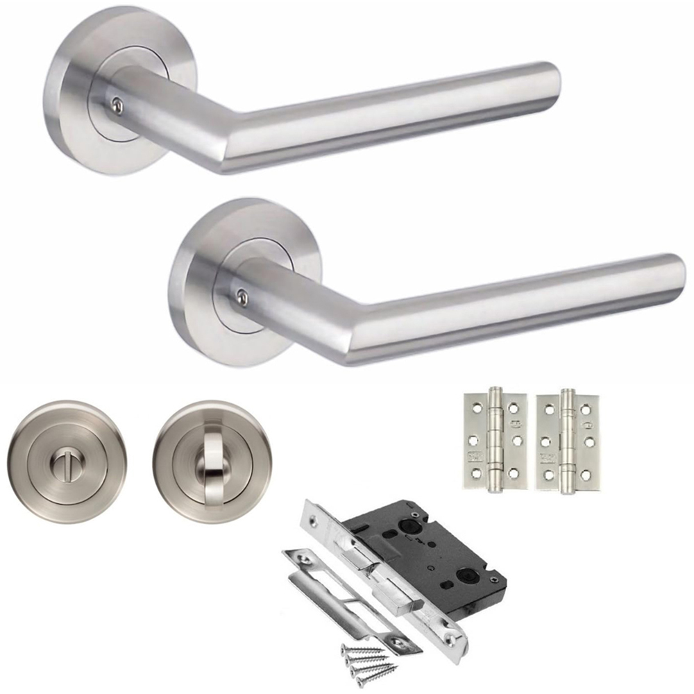 Golden Grace Mitred Satin Nickel Bathroom Door Handle Pair with Mortise, Hinges and Thumbturn 64mm Image 1