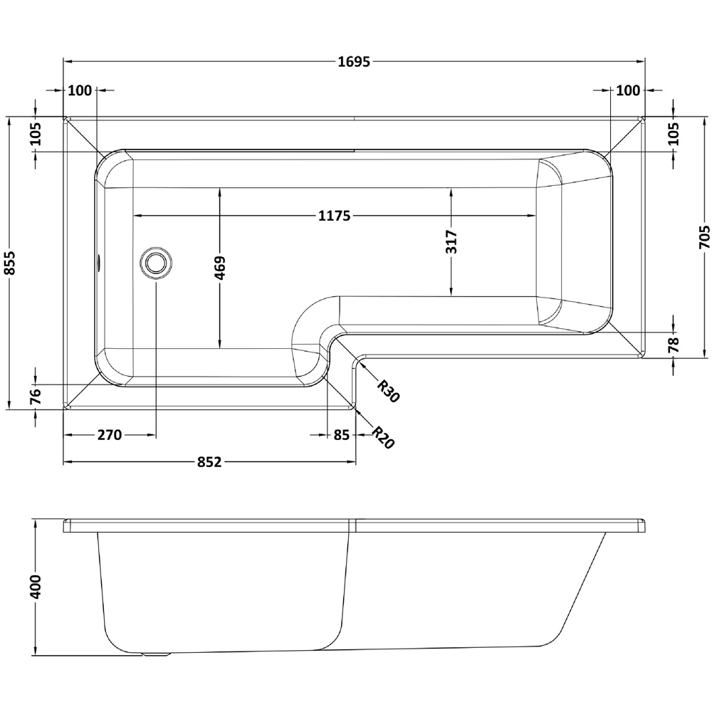 nuie 1700mm Left Hand Square Bath with Panel and Brushed Brass Screen Image 2