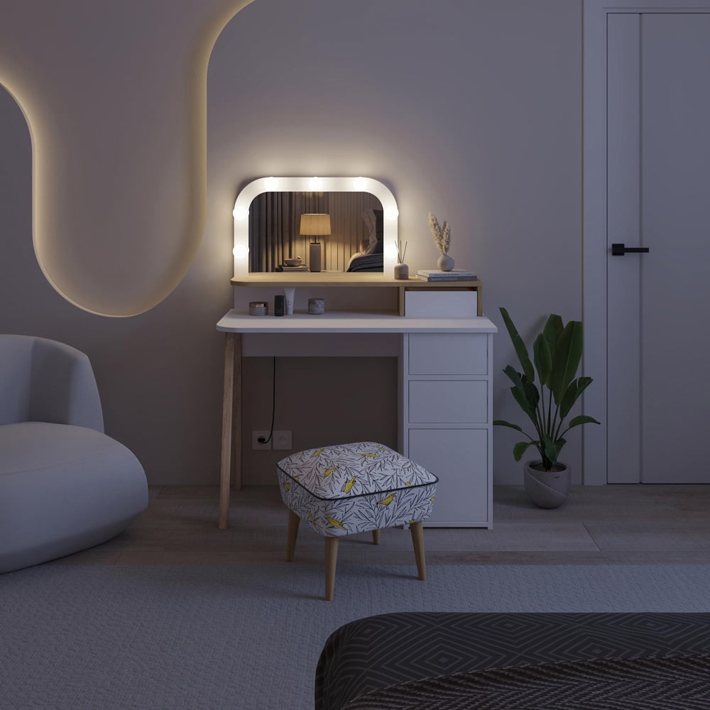 Decortie Avien 3 Drawer Single Door White and Oak Makeup Vanity Table with LED Mirror Image 6