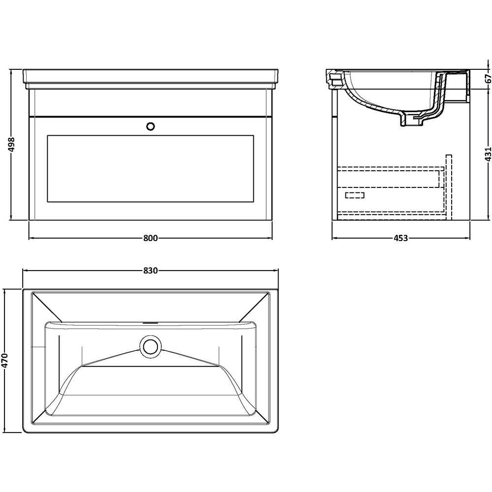 nuie Classique Single Drawer Satin Green Wall Hung Unit and 0 Tap Hole Fireclay Basin 800mm Image 3