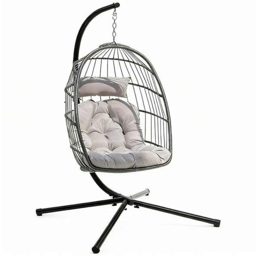 Willowmare Grey PE Rattan Foldable Hanging Egg Chair with Cushion and Stand Image 2