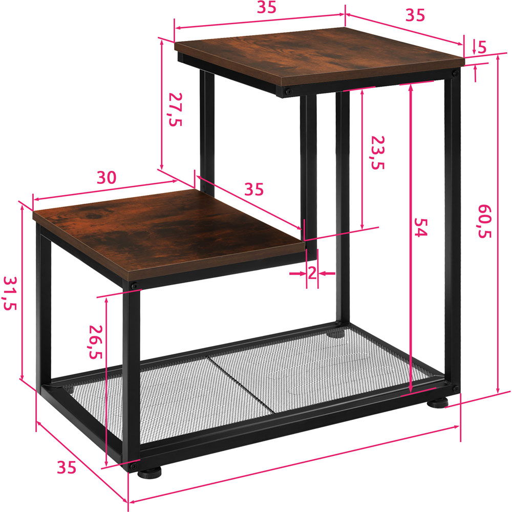 tectake Halifax 3 Shelf Rustic Dark Wood Industrial Bedside Table Image 9