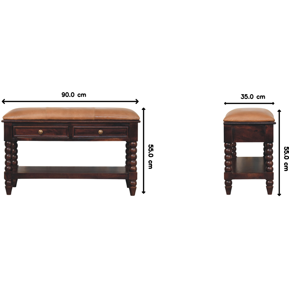 Artisan Furniture Spindle 2 Drawer Single Shelf Winewood Oak Leather Upholstered Solid Wood Bench Image 8