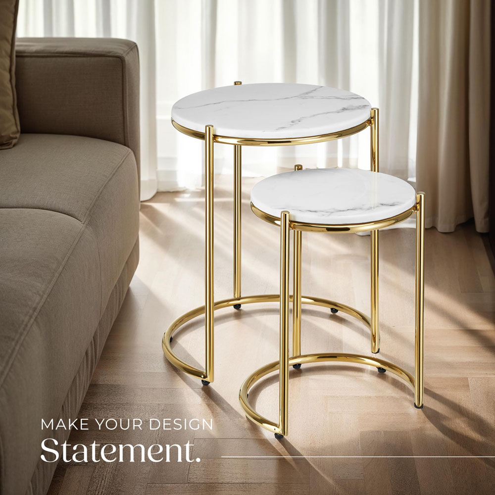 tectake Side Table Ellsa White and Gold Marble Top Side Table Set of 2 Image 7