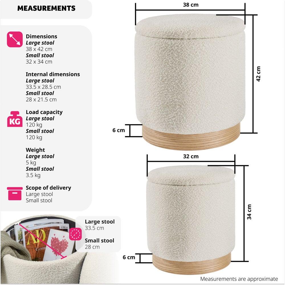 Tectake Orchid Set of 2 White Boucle Padded Stools with Storage Image 9