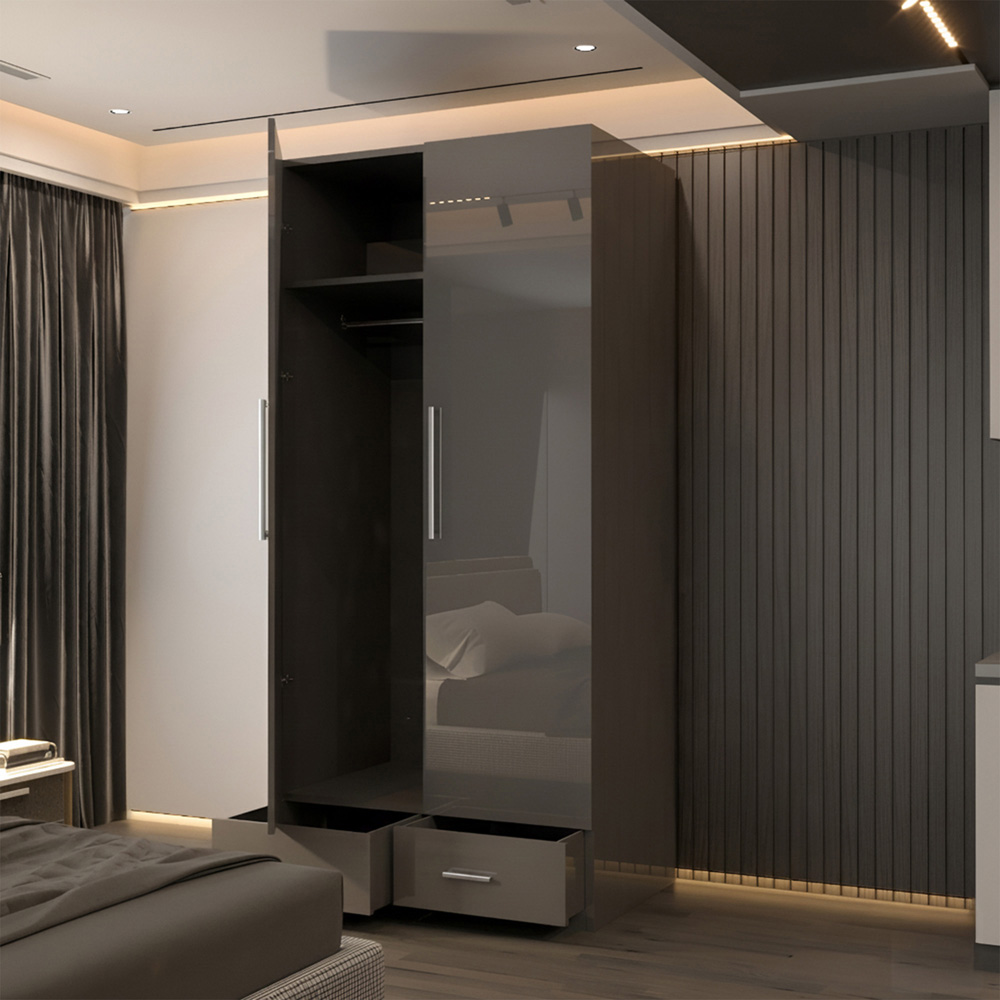 Sliding Wardrobes 4U 2 Door 2 Drawer Grey High Gloss Hinge Door Wardrobe 90cm Image 3