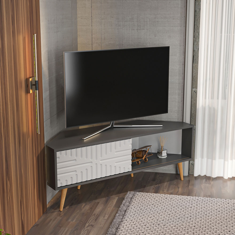 Decorotika Mora Single Sliding Door Anthracite and White Corner TV Unit Image 6
