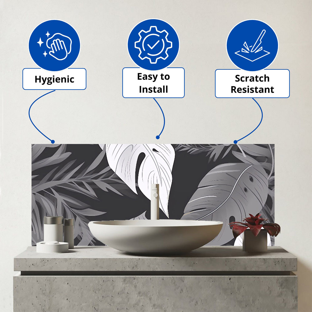 Warren Reed Designer Black White Tropical Leaves Glass Bathroom Splashback 25 x 60cm Image 3