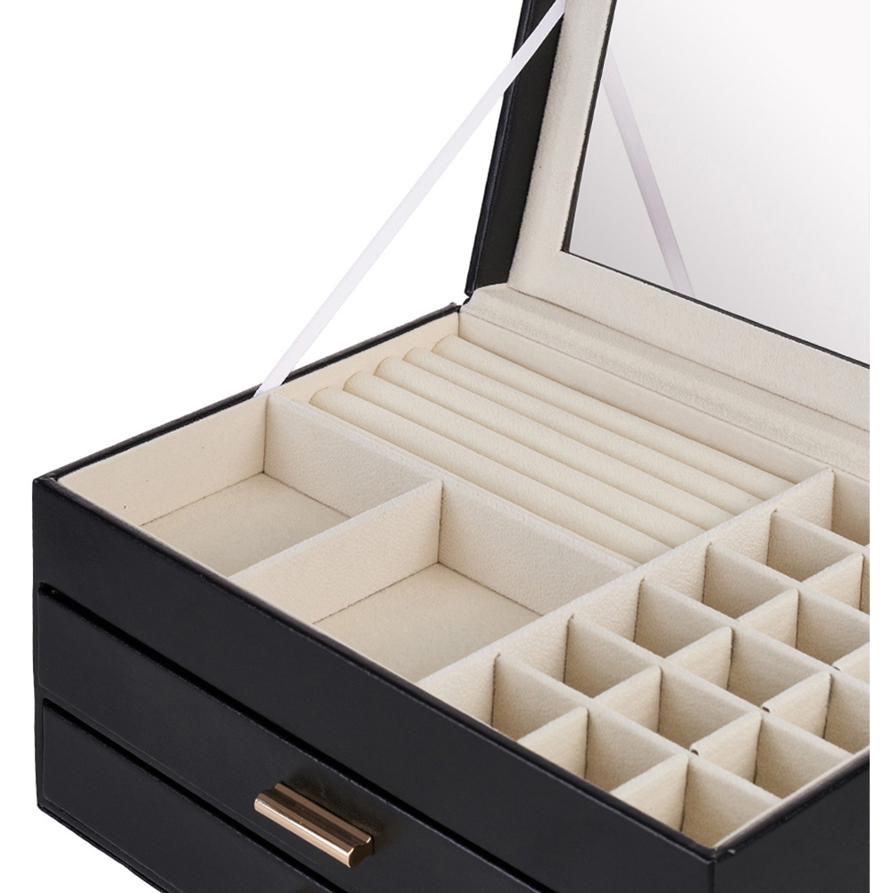 Living and Home 2 Drawer Black PU Leather Jewellery Box with Transparent Lid Image 6