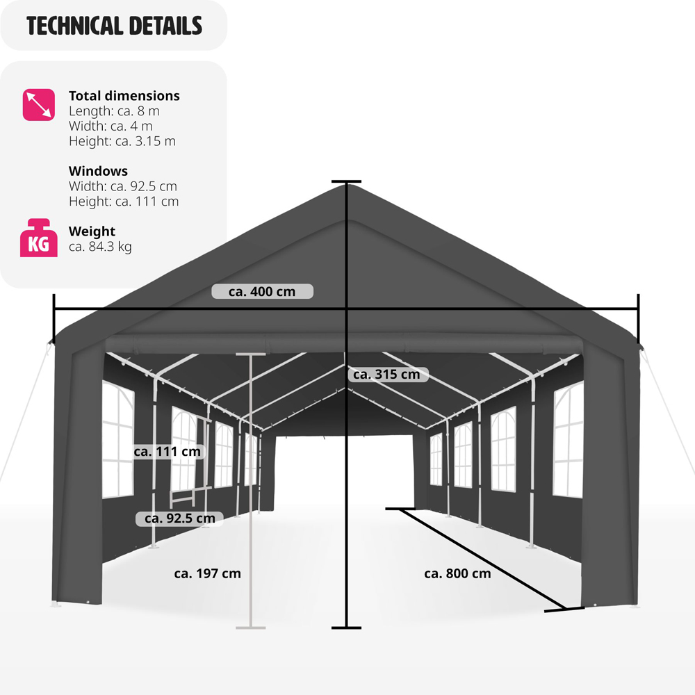 tectake Mammut 8 x 4m Grey Weather and UV Resistant Panel Gazebo Image 9