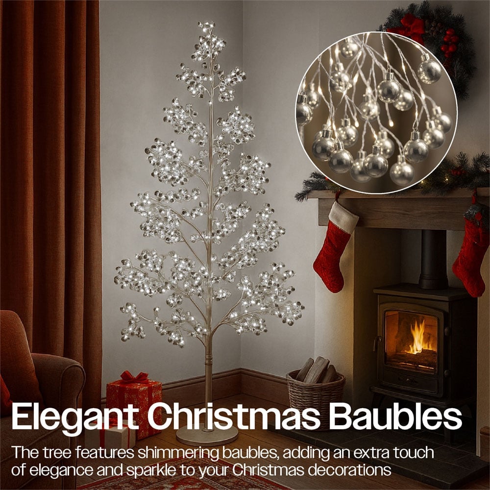 Xmas Haus 1200 Warm White Micro LED Pre-Lit Artificial Christmas Tree with Silver Baubles 7ft Image 5