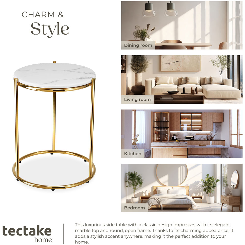 tectake Side Table Ellsa White and Gold Marble Top Side Table Image 5