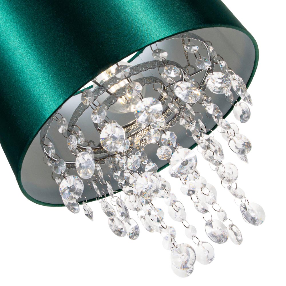 Happy Homewares Forest Green Satin Fabric Pendant Shade with Transparent Acrylic Droplets Image 3