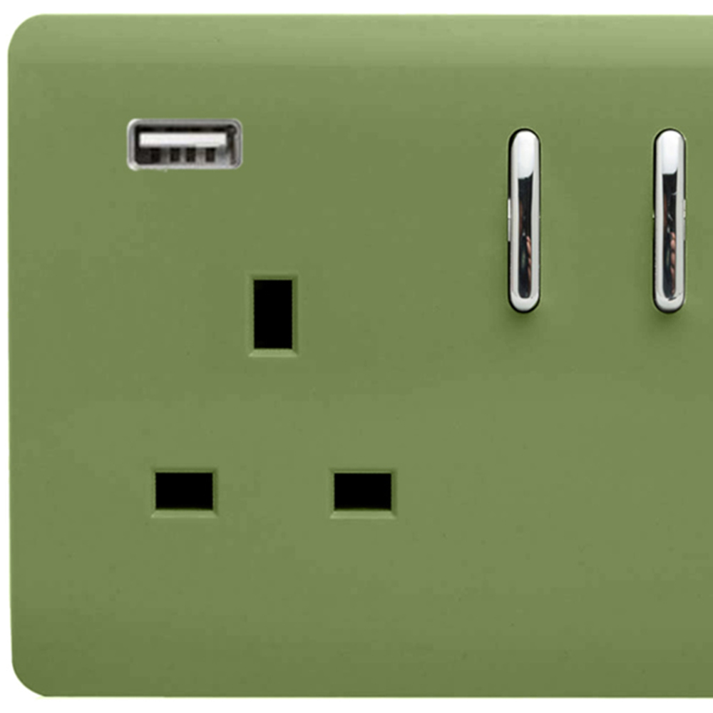 Trendi Switch 2 Gang 13amp 2 Port USB Moss Green Switched Plug Socket Image 2
