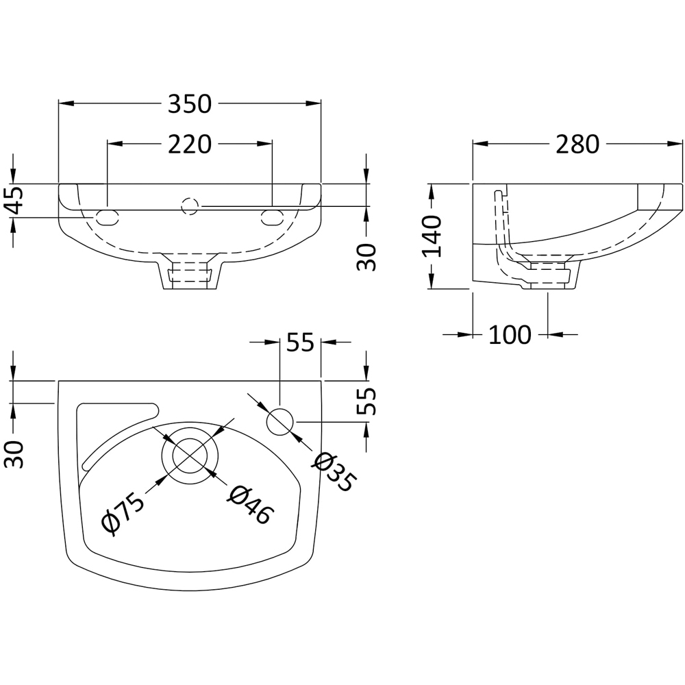 nuie Melbourne 1 Tap Hole White Wall Hung Curved Basin 350mm Image 2