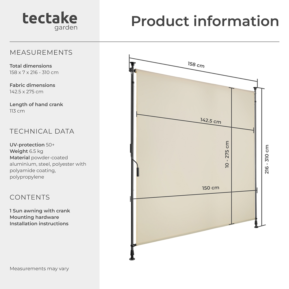 tectake Taija Beige Retractable Awning with Hand Crank 3.1 x 1.58m Image 8
