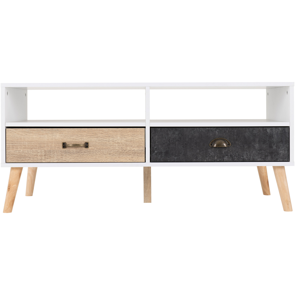 Seconique Nordic 2 Drawer 2 Shelf White Distressed Effect Coffee Table Image 4