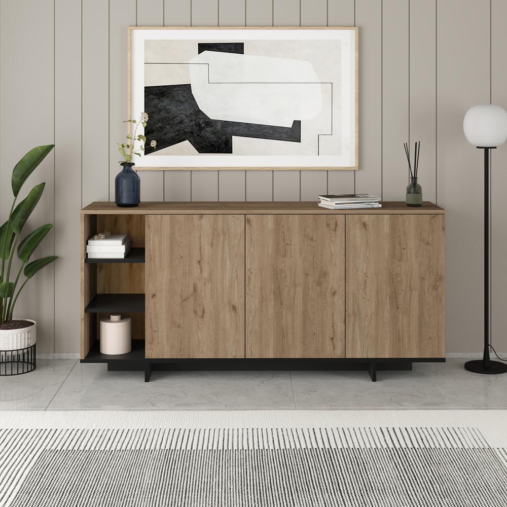 Decortie Stockton 3 Door Oak Effect and Black Sideboard Image 3