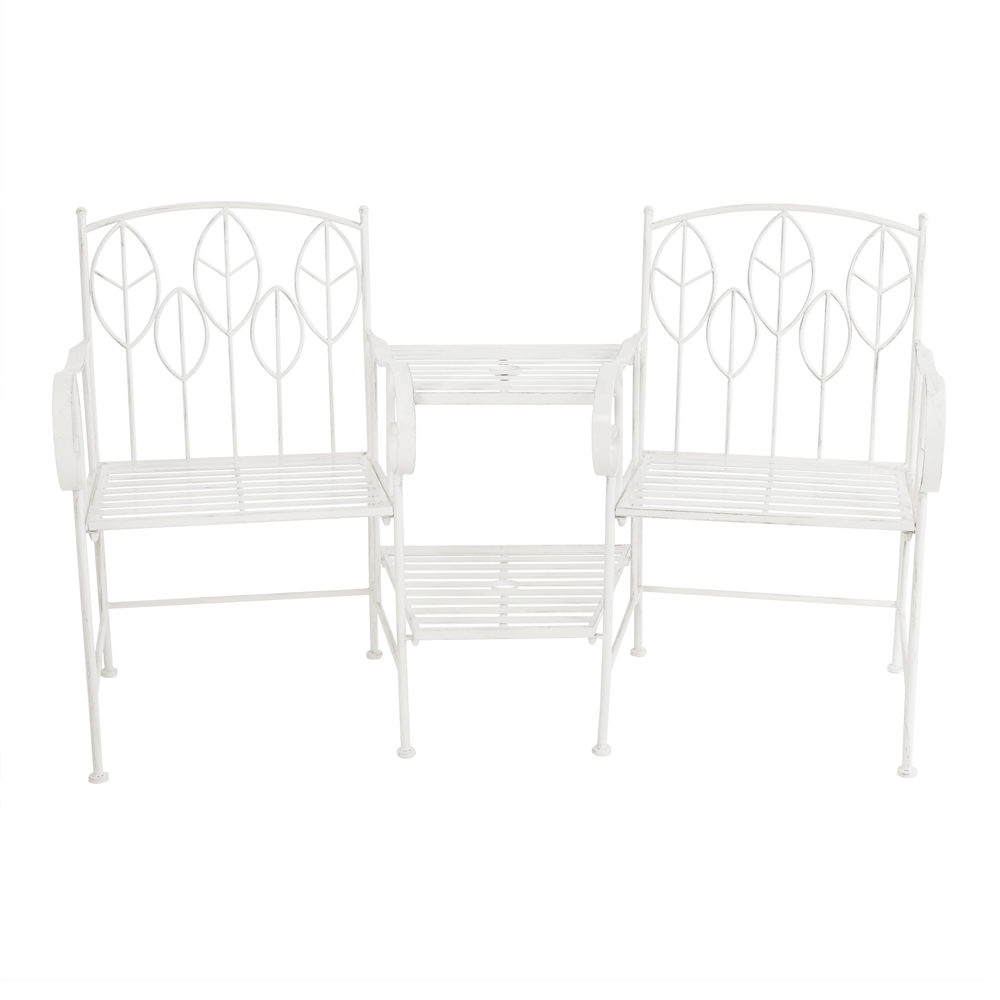 Charles Bentley 2 Seater Antique White Rustic Metal Leaf Pattern Garden Companion Seat Image 3