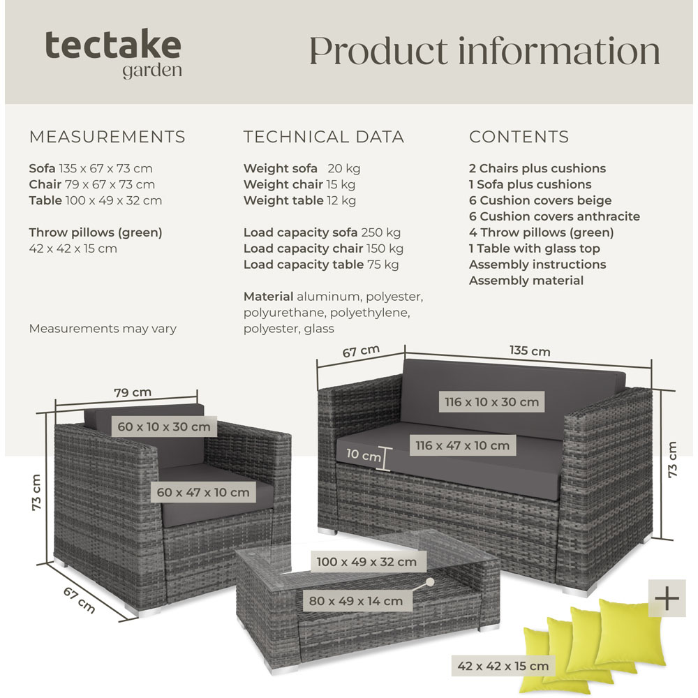 tectake Munich 4 Seater Grey Garden Furniture Set with Cushion Image 9