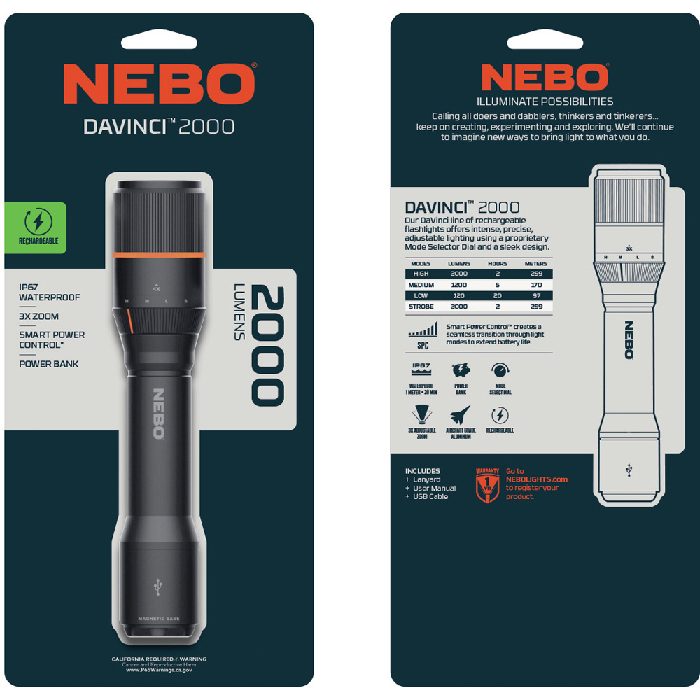 Nebo Davinci 2000 2000 Lumens Rechargeable LED Torch with 4x Zoom and Magnetic Base Image 8
