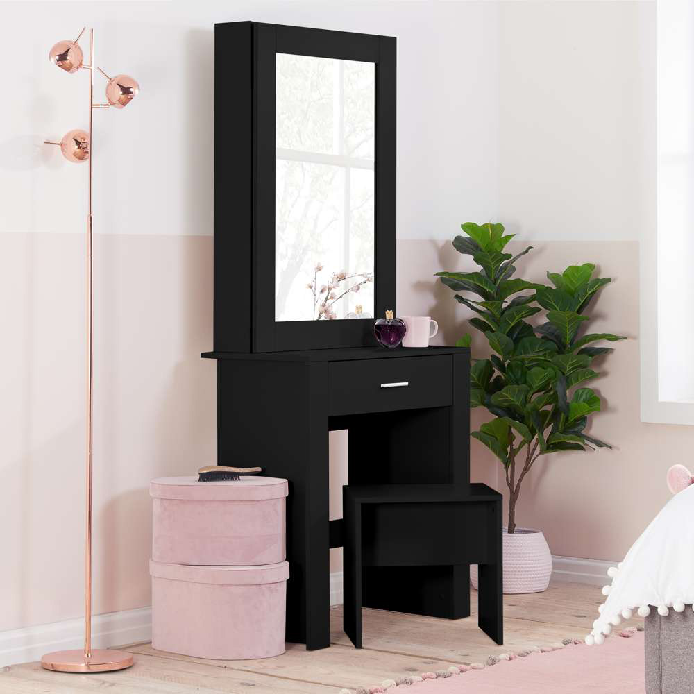 Evelyn Single Drawer Black Dressing Table Set with Sliding Mirror Image 7