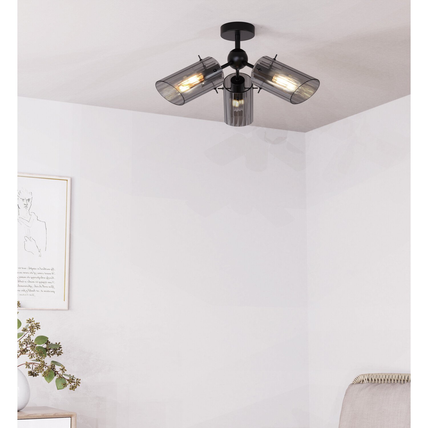 Bodhi 3 Arm Flush Ceiling Fitting Black Image 3