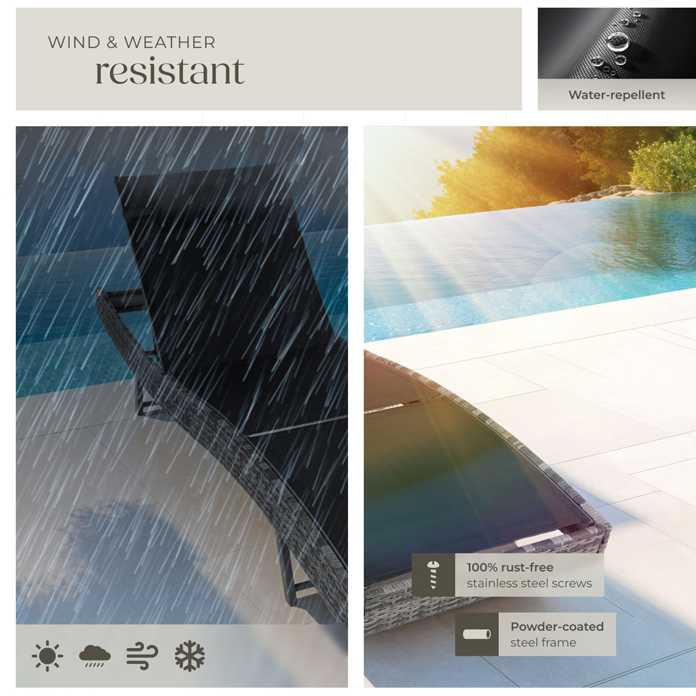 tectake 6 Step Adjustable Mottled Grey Polyrattan Sun Lounger Image 7