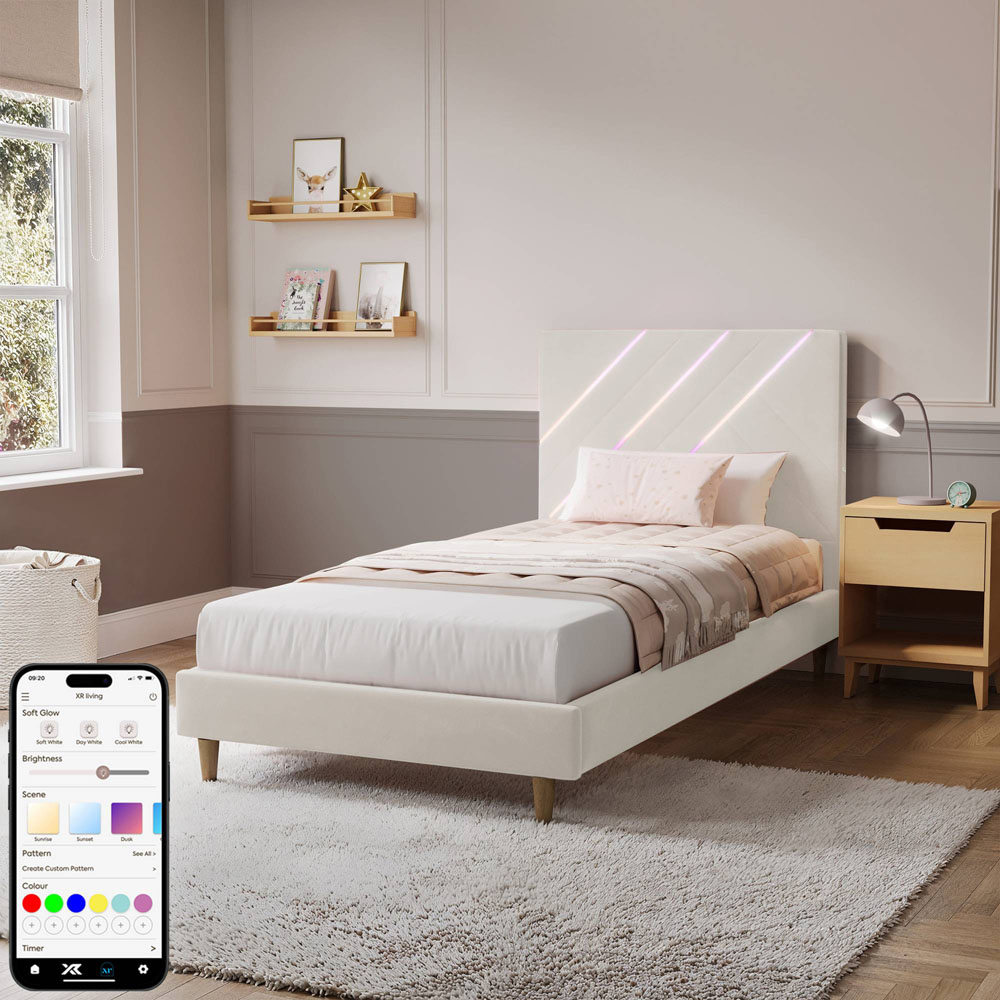 XR Living Lily Single Ivory Velvet Bed Frame with App Controlled RGB LED Light Image 2