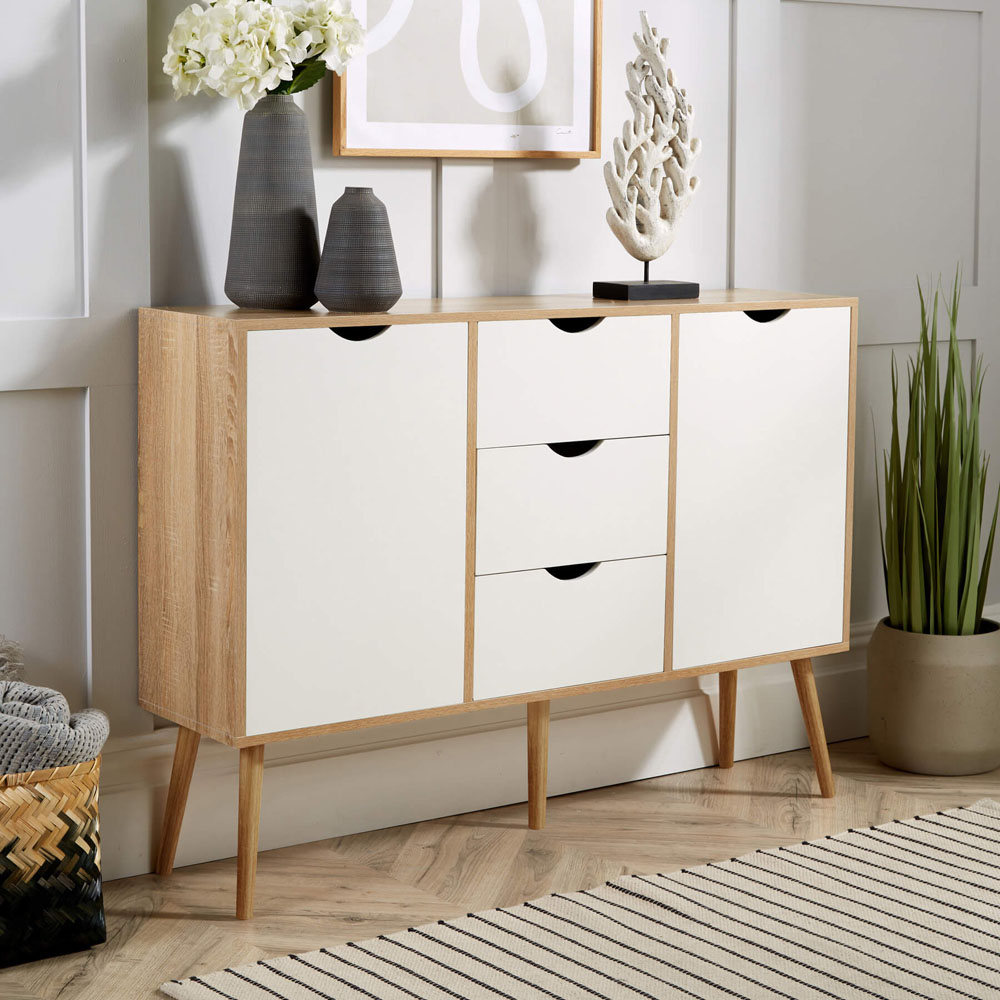 Home Source Boden 2 Door 3 Drawer White and Oak Effect Sideboard Image 8