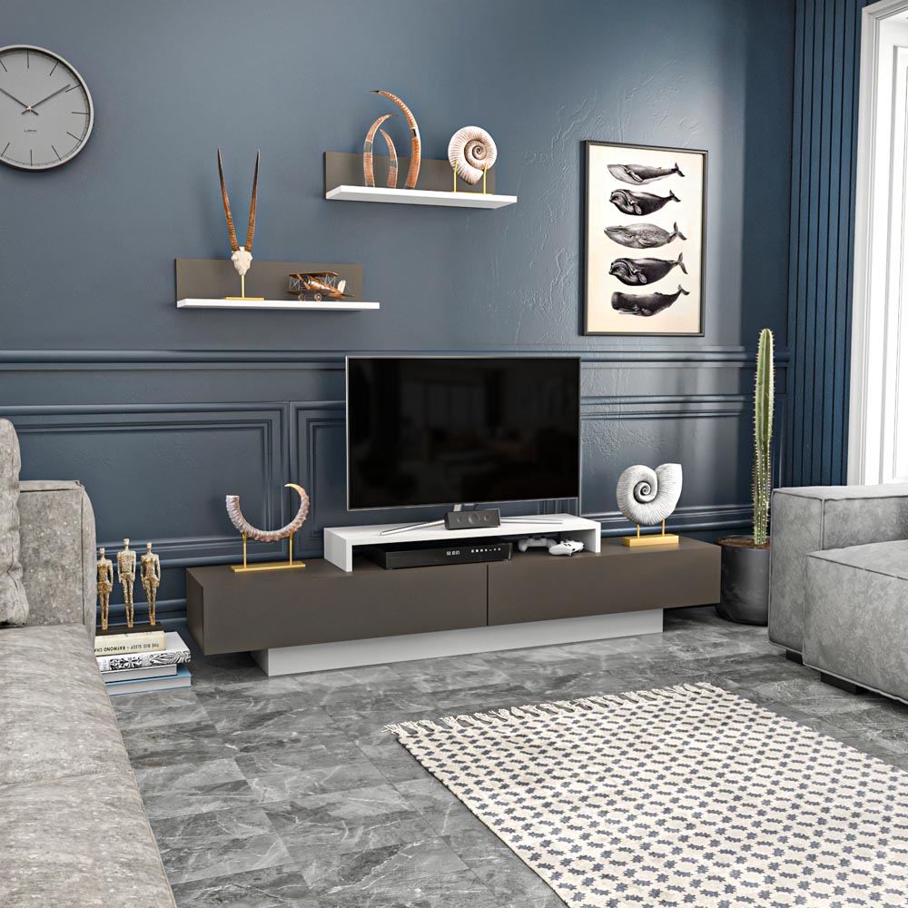 Decorotika Lusi 2 Door Single Shelf White and Coffee Galaxy TV Unit with 2 Wall Shelf Image 3