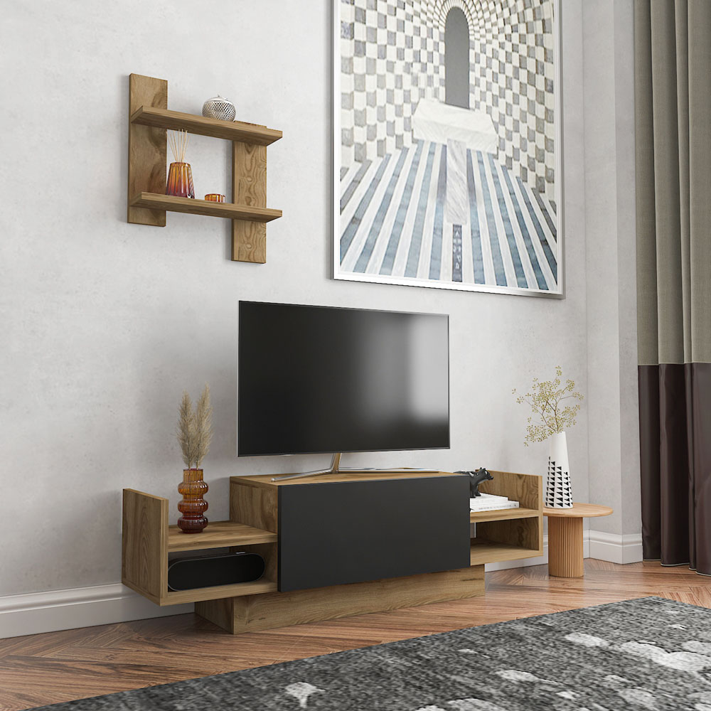 Decorotika Spring Oud and Black TV Unit with Wall Shelf Image 8