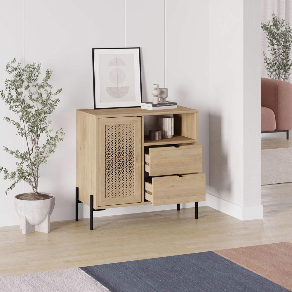 FWStyle Naïve Single Door 2 Drawer Oak Laser Cut Storage Unit Image 5