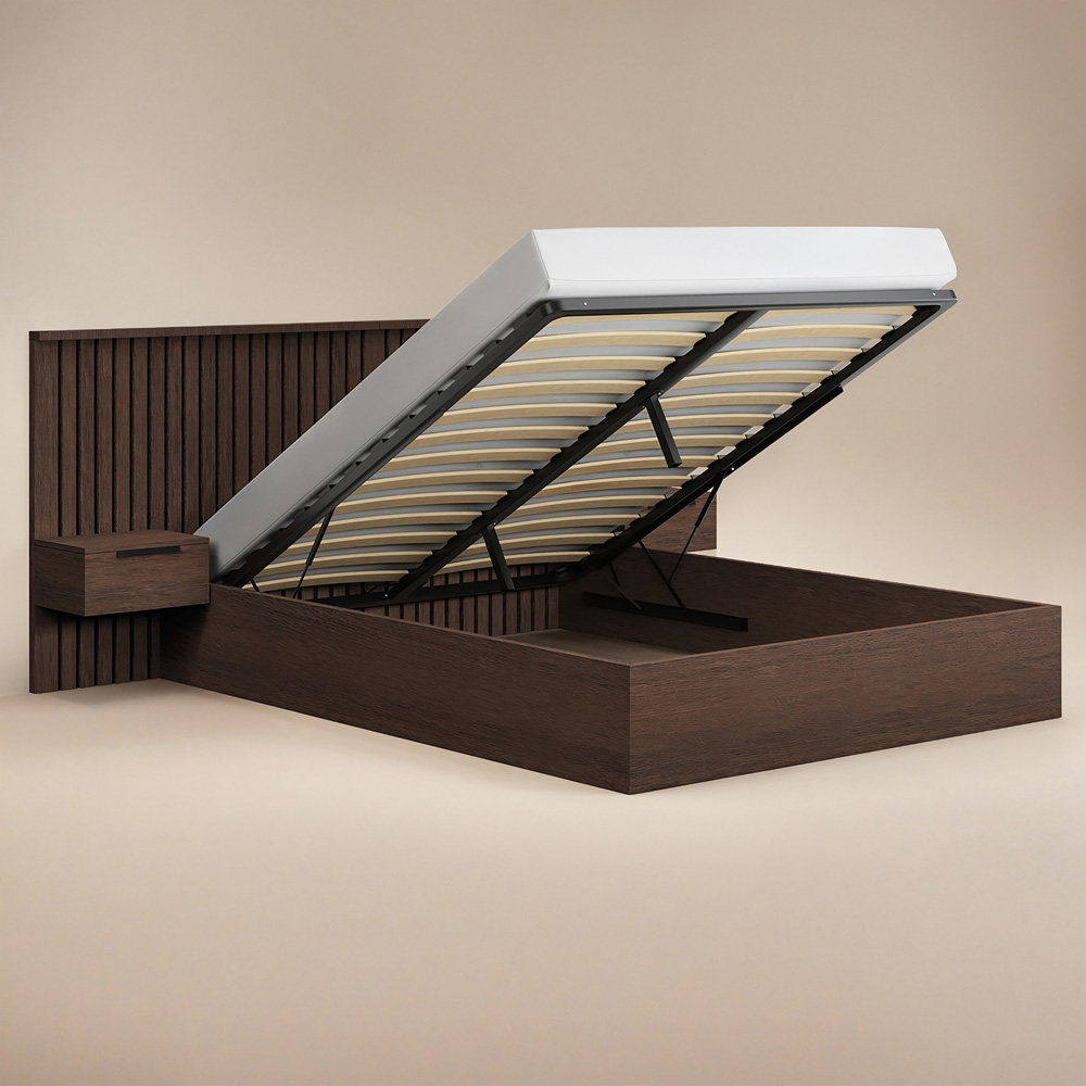 Solace+Co Taylor King Size Walnut Hotel Ottoman Bed with Side Table Image 3