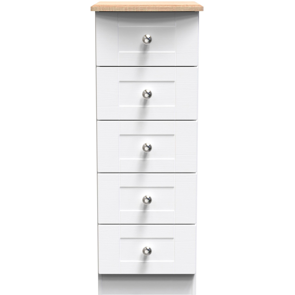Crowndale Sussex 5 Drawer White Ash and Bardolino Oak Bedside Table Ready Assembled Image 3