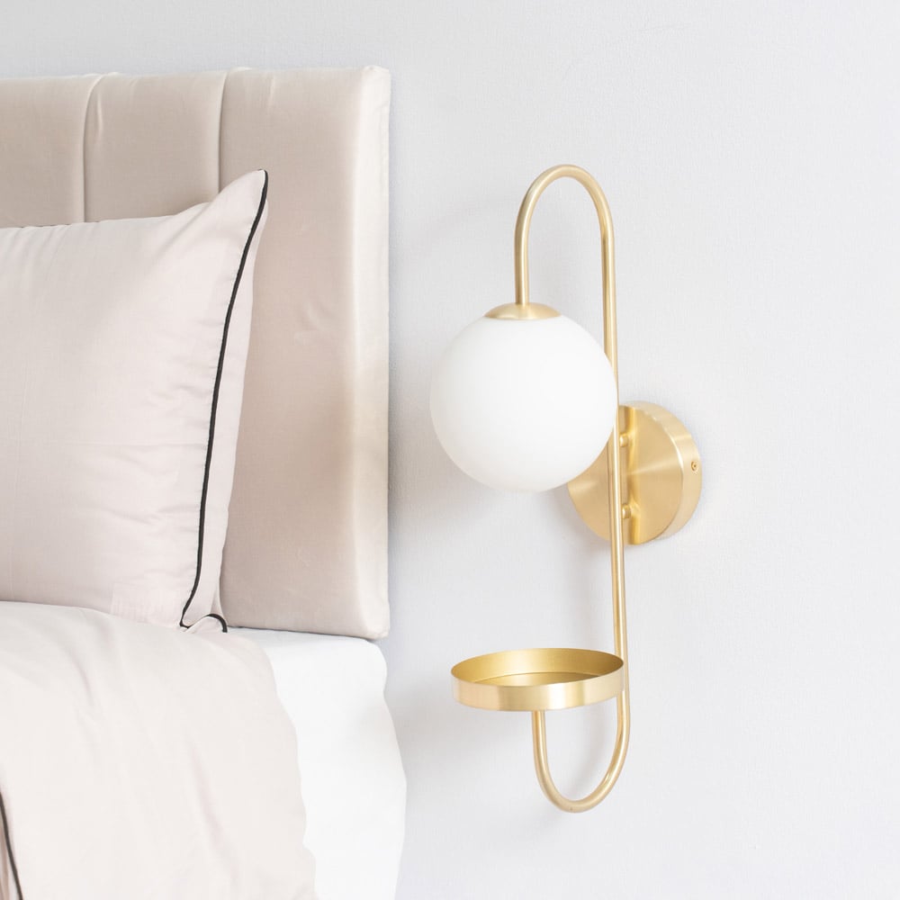 ValueLights Milo Frosted Glass Globe Shade Curved Brushed Gold Wall Light with Shelf and Bulb Image 5