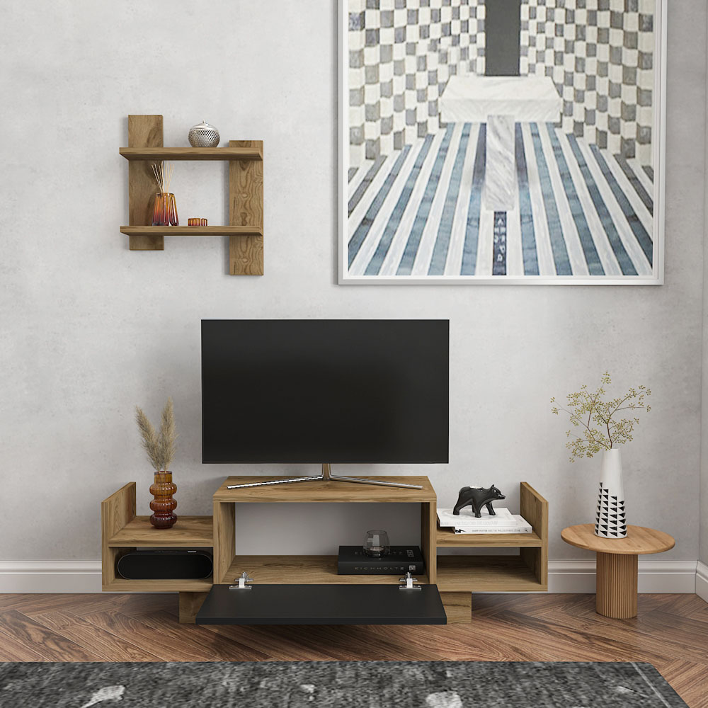 Decorotika Spring Oud and Black TV Unit with Wall Shelf Image 4
