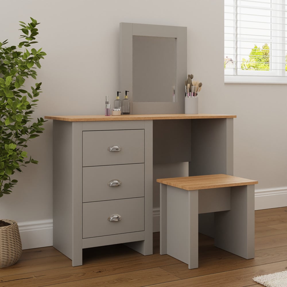 GFW Lancaster 3 Drawer Grey Dressing Table Set with Mirror Image 7