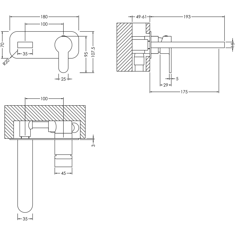 nuie Arvan Brushed Brass Wall Mounted 2 Tap Hole Basin Mixer with Plate Image 2