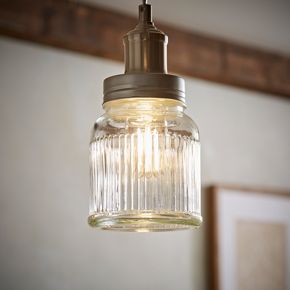 ValueLights Brushed Chrome Ribbed Pattern Glass Jar Pendant Shade Image 6