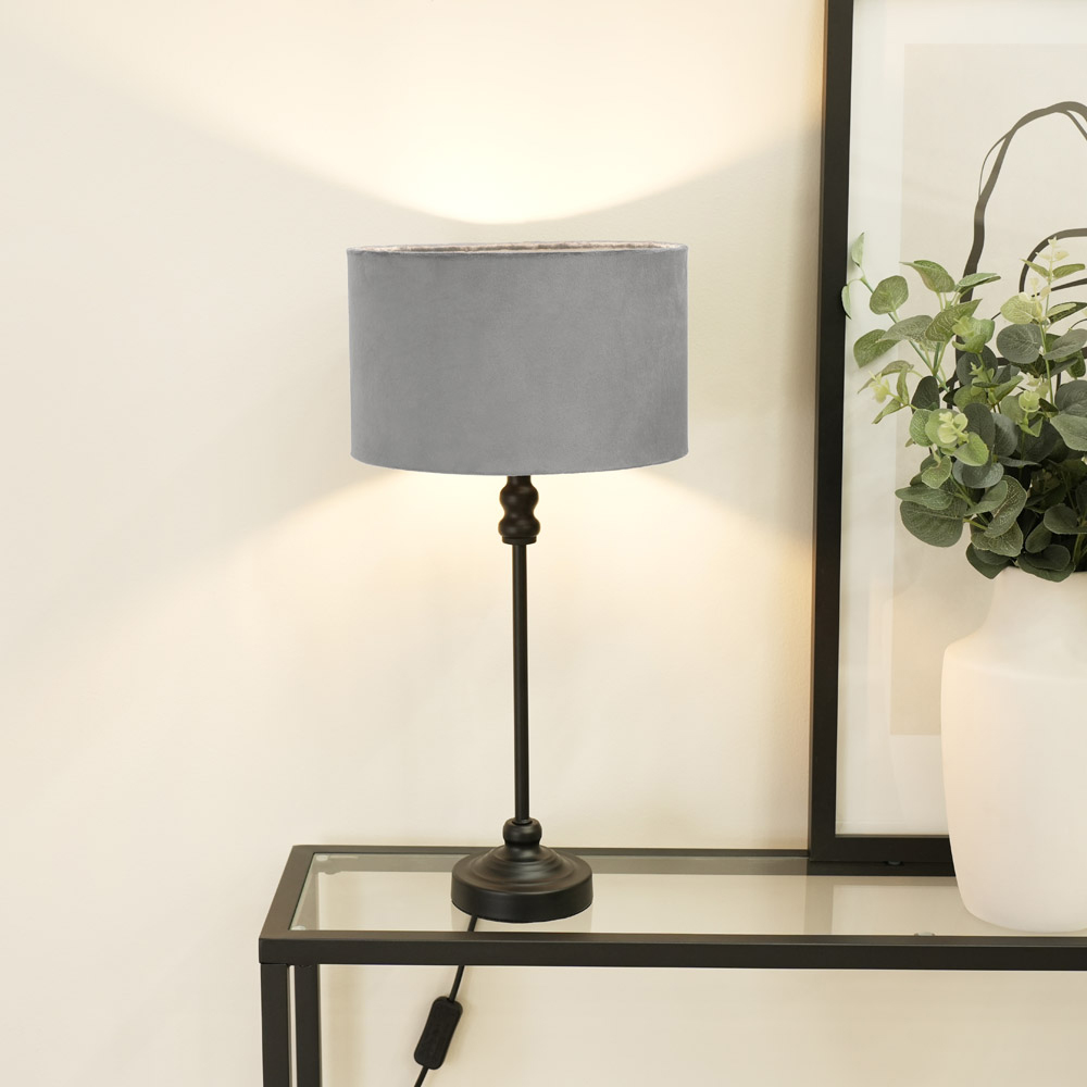 ValueLights Maggie Grey Velvet and Black Drum Shade Candlestick LED Table Lamp Image 2