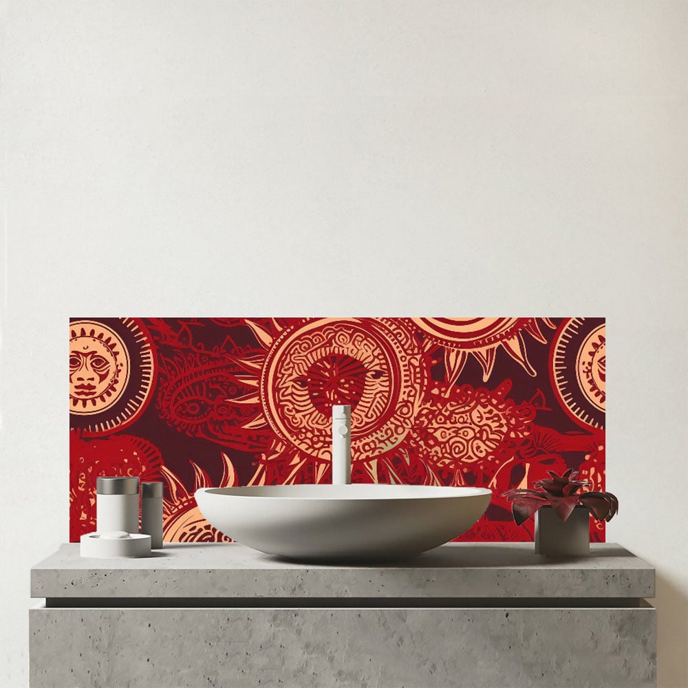 Warren Reed Designer Abstract Red Moon and Sun Glass Bathroom Splashback 25 x 60cm Image 1