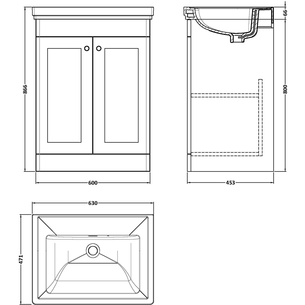 nuie Classique 2 Door Soft Black Floor Standing Unit and 0 Tap Hole Fireclay Basin 600mm Image 3