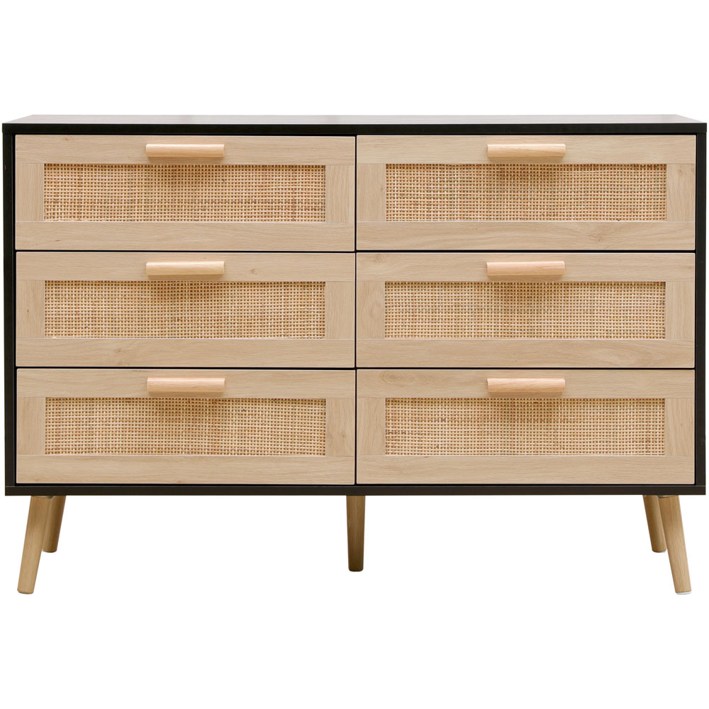 FurnitureHMD 6 Drawer Black and Natural Rattan Woven Front Wooden Chest of Drawers Image 3